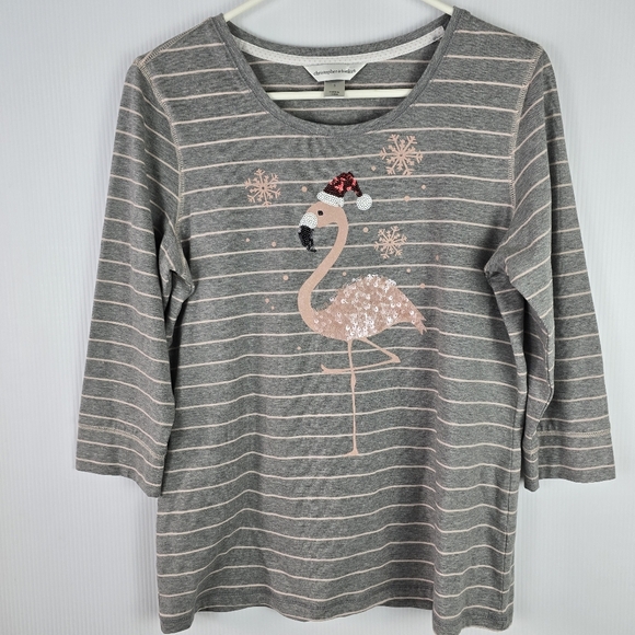Christopher & Banks Tops - NWOT Christopher&Banks Christmas Sequin Flamingo 3/4 Sleeve Grey & Pink Stripe S